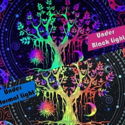 Blacklight Tapestry UV Reactive Glow in the Dark Glow Party Neon Tree of Life Mandala Psychedelic Trippy Misty Hanging Tapestry Wall Art Mural for Living Room Bedroom