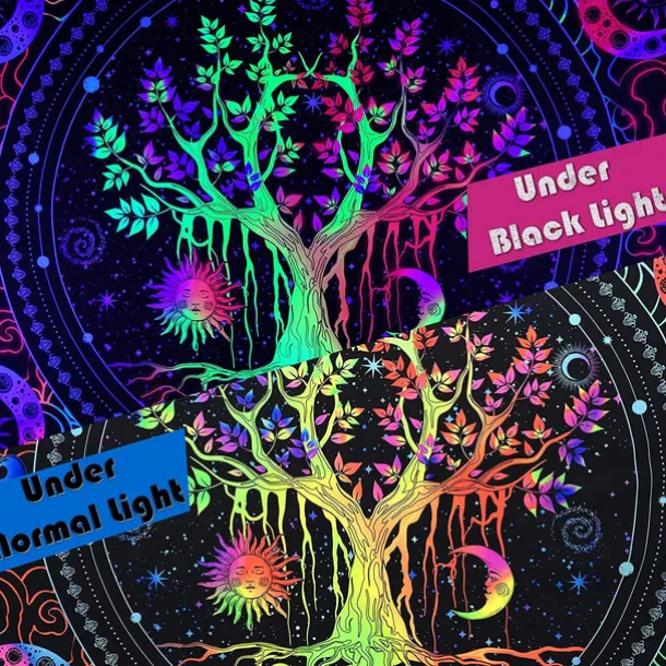 Blacklight Tapestry UV Reactive Glow in the Dark Glow Party Neon Tree of Life Mandala Psychedelic Trippy Misty Hanging Tapestry Wall Art Mural for Living Room Bedroom