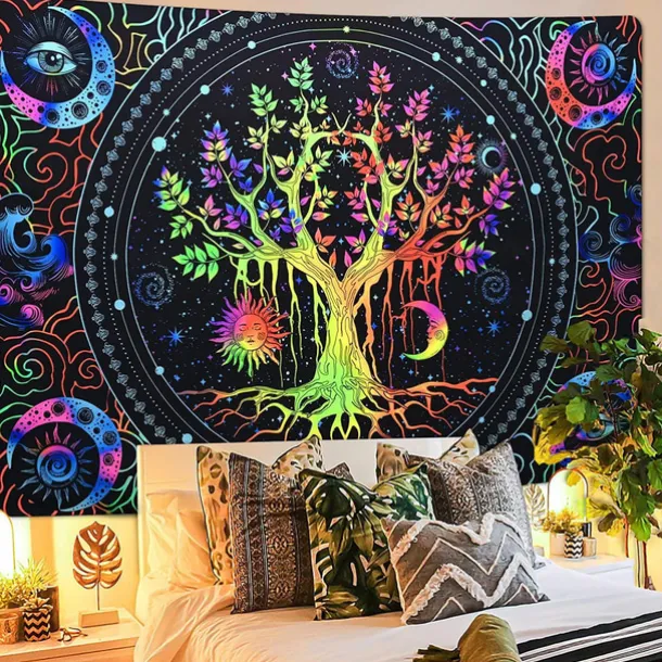 Blacklight Tapestry UV Reactive Glow in the Dark Glow Party Neon Tree of Life Mandala Psychedelic Trippy Misty Hanging Tapestry Wall Art Mural for Living Room Bedroom