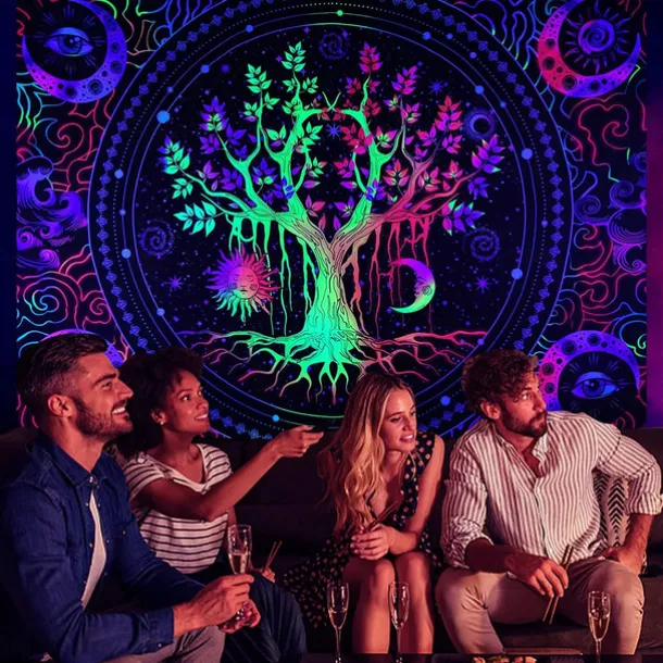 Blacklight Tapestry UV Reactive Glow in the Dark Glow Party Neon Tree of Life Mandala Psychedelic Trippy Misty Hanging Tapestry Wall Art Mural for Living Room Bedroom
