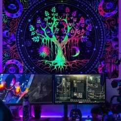 Blacklight Tapestry UV Reactive Glow in the Dark Glow Party Neon Tree of Life Mandala Psychedelic Trippy Misty Hanging Tapestry Wall Art Mural for Living Room Bedroom