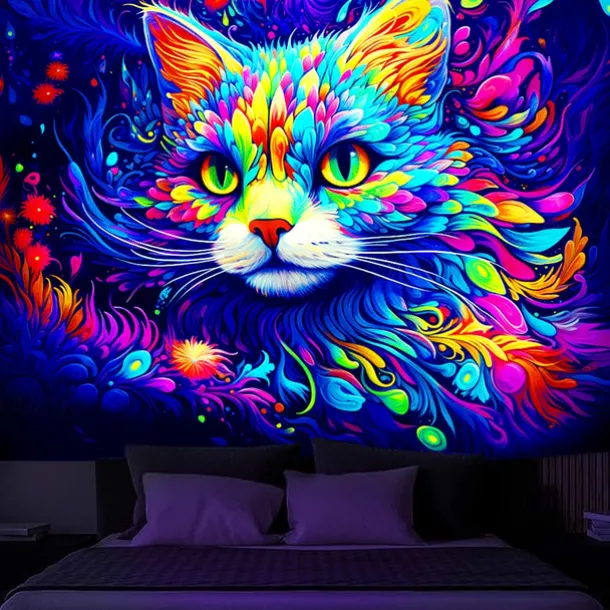 Blacklight Tapestry UV Reactive Glow in the Dark Glow Party Neon Painting Cat Portrait Psychedelic Trippy Misty Hanging Tapestry Wall Art Mural for Living Room Bedroom