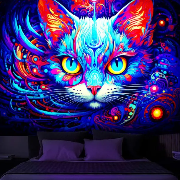 Blacklight Tapestry UV Reactive Glow in the Dark Glow Party Neon Painting Cat Portrait Psychedelic Trippy Misty Hanging Tapestry Wall Art Mural for Living Room Bedroom