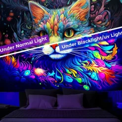 Blacklight Tapestry UV Reactive Glow in the Dark Glow Party Neon Painting Cat Portrait Psychedelic Trippy Misty Hanging Tapestry Wall Art Mural for Living Room Bedroom