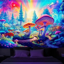 Blacklight Tapestry UV Reactive Glow in the Dark Glow Party Neon Mushroom Pathway Landscape Psychedelic Trippy Misty Hanging Tapestry Wall Art Mural for Living