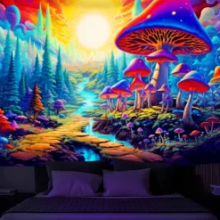 Blacklight Tapestry UV Reactive Glow in the Dark Glow Party Neon Mushroom Pathway Landscape Psychedelic Trippy Misty Hanging Tapestry Wall Art Mural for Living