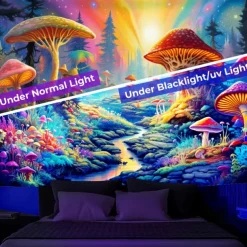 Blacklight Tapestry UV Reactive Glow in the Dark Glow Party Neon Mushroom Pathway Landscape Psychedelic Trippy Misty Hanging Tapestry Wall Art Mural for Living