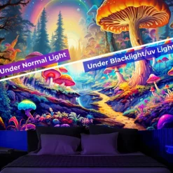 Blacklight Tapestry UV Reactive Glow in the Dark Glow Party Neon Mushroom Pathway Landscape Psychedelic Trippy Misty Hanging Tapestry Wall Art Mural for Living
