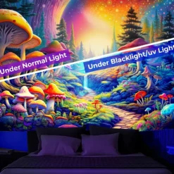 Blacklight Tapestry UV Reactive Glow in the Dark Glow Party Neon Mushroom Pathway Landscape Psychedelic Trippy Misty Hanging Tapestry Wall Art Mural for Living