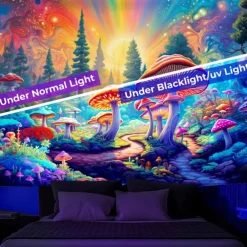 Blacklight Tapestry UV Reactive Glow in the Dark Glow Party Neon Mushroom Pathway Landscape Psychedelic Trippy Misty Hanging Tapestry Wall Art Mural for Living