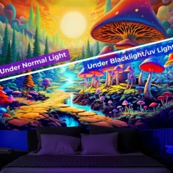 Blacklight Tapestry UV Reactive Glow in the Dark Glow Party Neon Mushroom Pathway Landscape Psychedelic Trippy Misty Hanging Tapestry Wall Art Mural for Living