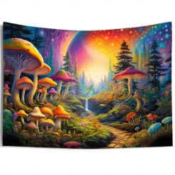 Blacklight Tapestry UV Reactive Glow in the Dark Glow Party Neon Mushroom Pathway Landscape Psychedelic Trippy Misty Hanging Tapestry Wall Art Mural for Living