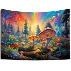 Blacklight Tapestry UV Reactive Glow in the Dark Glow Party Neon Mushroom Pathway Landscape Psychedelic Trippy Misty Hanging Tapestry Wall Art Mural for Living