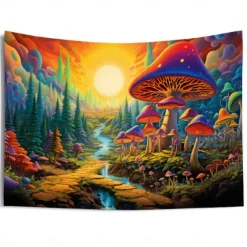 Blacklight Tapestry UV Reactive Glow in the Dark Glow Party Neon Mushroom Pathway Landscape Psychedelic Trippy Misty Hanging Tapestry Wall Art Mural for Living