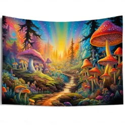Blacklight Tapestry UV Reactive Glow in the Dark Glow Party Neon Mushroom Pathway Landscape Psychedelic Trippy Misty Hanging Tapestry Wall Art Mural for Living