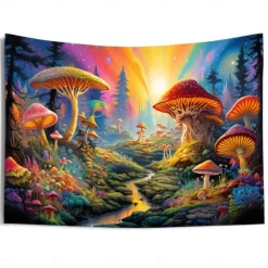 Blacklight Tapestry UV Reactive Glow in the Dark Glow Party Neon Mushroom Pathway Landscape Psychedelic Trippy Misty Hanging Tapestry Wall Art Mural for Living