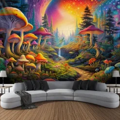 Blacklight Tapestry UV Reactive Glow in the Dark Glow Party Neon Mushroom Pathway Landscape Psychedelic Trippy Misty Hanging Tapestry Wall Art Mural for Living