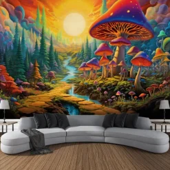 Blacklight Tapestry UV Reactive Glow in the Dark Glow Party Neon Mushroom Pathway Landscape Psychedelic Trippy Misty Hanging Tapestry Wall Art Mural for Living