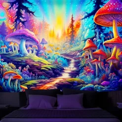 Blacklight Tapestry UV Reactive Glow in the Dark Glow Party Neon Mushroom Pathway Landscape Psychedelic Trippy Misty Hanging Tapestry Wall Art Mural for Living