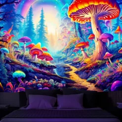 Blacklight Tapestry UV Reactive Glow in the Dark Glow Party Neon Mushroom Pathway Landscape Psychedelic Trippy Misty Hanging Tapestry Wall Art Mural for Living