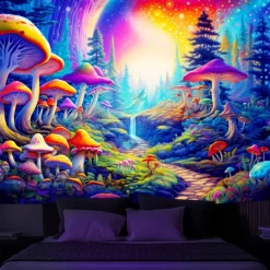 Blacklight Tapestry UV Reactive Glow in the Dark Glow Party Neon Mushroom Pathway Landscape Psychedelic Trippy Misty Hanging Tapestry Wall Art Mural for Living