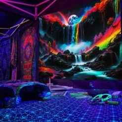 Blacklight Tapestry UV Reactive Glow in the Dark Glow Party Neon Magic Waterfall Psychedelic Trippy Misty Hanging Tapestry Wall Art Mural for Living Room Bedroom