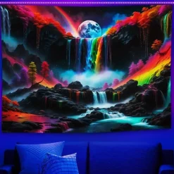 Blacklight Tapestry UV Reactive Glow in the Dark Glow Party Neon Magic Waterfall Psychedelic Trippy Misty Hanging Tapestry Wall Art Mural for Living Room Bedroom