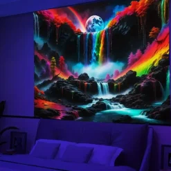Blacklight Tapestry UV Reactive Glow in the Dark Glow Party Neon Magic Waterfall Psychedelic Trippy Misty Hanging Tapestry Wall Art Mural for Living Room Bedroom