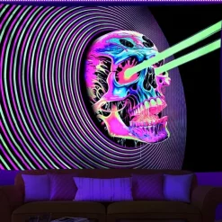 Blacklight Tapestry UV Reactive Glow in the Dark Glow Party Skulls Psychedelic Trippy Misty Hanging Tapestry Wall Art Mural for Living Room Bedroom