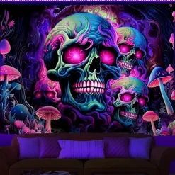 Blacklight Tapestry UV Reactive Glow in the Dark Glow Party Skulls Psychedelic Trippy Misty Hanging Tapestry Wall Art Mural for Living Room Bedroom