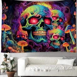 Blacklight Tapestry UV Reactive Glow in the Dark Glow Party Skulls Psychedelic Trippy Misty Hanging Tapestry Wall Art Mural for Living Room Bedroom