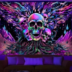 Blacklight Tapestry UV Reactive Glow in the Dark Glow Party Skulls Psychedelic Trippy Misty Hanging Tapestry Wall Art Mural for Living Room Bedroom