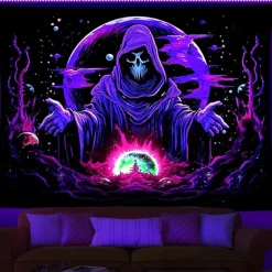 Blacklight Tapestry UV Reactive Glow in the Dark Glow Party Skulls Psychedelic Trippy Misty Hanging Tapestry Wall Art Mural for Living Room Bedroom