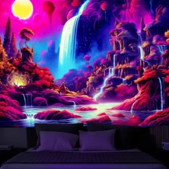 Blacklight Tapestry UV Reactive Glow in the Dark Glow Party Neon Wonderland Waterfall Psychedelic Trippy Misty Hanging Tapestry Wall Art Mural for Living Room Bedroom