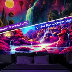 Blacklight Tapestry UV Reactive Glow in the Dark Glow Party Neon Wonderland Waterfall Psychedelic Trippy Misty Hanging Tapestry Wall Art Mural for Living Room Bedroom