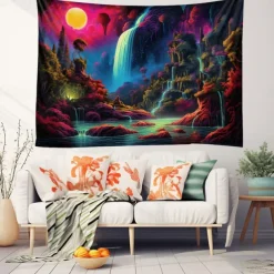 Blacklight Tapestry UV Reactive Glow in the Dark Glow Party Neon Wonderland Waterfall Psychedelic Trippy Misty Hanging Tapestry Wall Art Mural for Living Room Bedroom