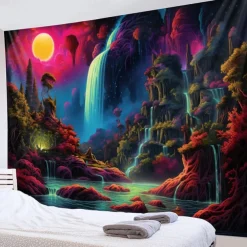 Blacklight Tapestry UV Reactive Glow in the Dark Glow Party Neon Wonderland Waterfall Psychedelic Trippy Misty Hanging Tapestry Wall Art Mural for Living Room Bedroom