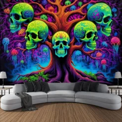 Blacklight Tapestry UV Reactive Glow in the Dark Tree of Skulls Trippy Mountain Misty Hanging Tapestry Wall Art Mural for Living Room Bedroom