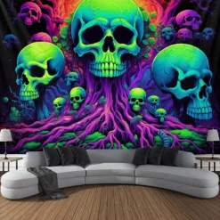 Blacklight Tapestry UV Reactive Glow in the Dark Tree of Skulls Trippy Mountain Misty Hanging Tapestry Wall Art Mural for Living Room Bedroom