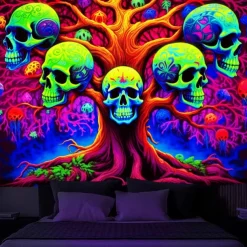 Blacklight Tapestry UV Reactive Glow in the Dark Tree of Skulls Trippy Mountain Misty Hanging Tapestry Wall Art Mural for Living Room Bedroom