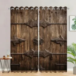 Blackout Curtain Drapes Farmhouse Grommet/Eyelet Barn Wood Door Curtain Panels For Living Room Bedroom Door Kitchen Window Treatments Thermal Insulated Room Darkening