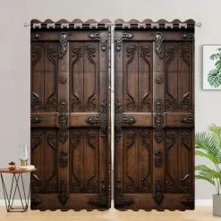 Blackout Curtain Drapes Farmhouse Grommet/Eyelet Barn Wood Door Curtain Panels For Living Room Bedroom Door Kitchen Window Treatments Thermal Insulated Room Darkening