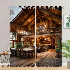 Blackout Curtain Drapes Farmhouse Grommet/Eyelet Barn Wood Door Curtain Panels For Living Room Bedroom Door Kitchen Window Treatments Thermal Insulated Room Darkening