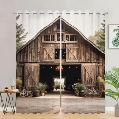 Blackout Curtain Drapes Farmhouse Grommet/Eyelet Barn Wood Door Curtain Panels For Living Room Bedroom Door Kitchen Window Treatments Thermal Insulated Room Darkening