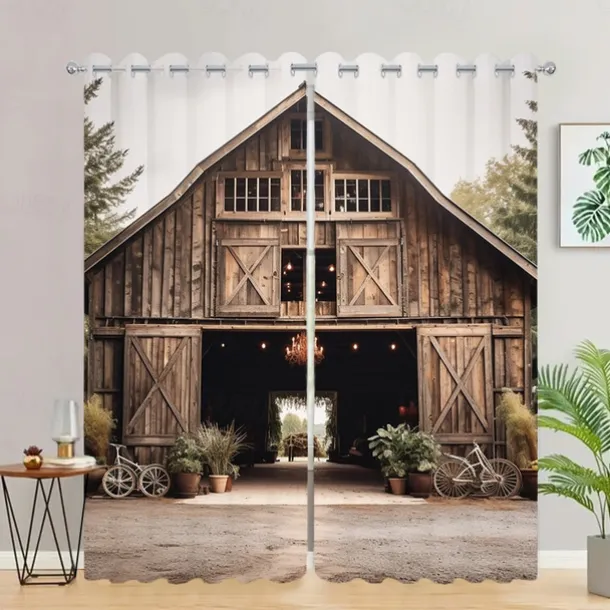 Blackout Curtain Drapes Farmhouse Grommet/Eyelet Barn Wood Door Curtain Panels For Living Room Bedroom Door Kitchen Window Treatments Thermal Insulated Room Darkening