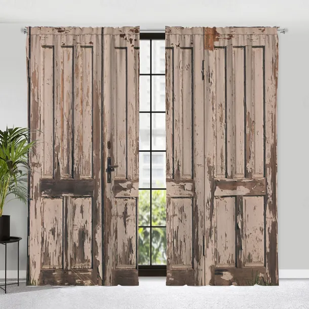 Blackout Curtain Drapes Farmhouse Grommet/Eyelet Barn Wood Door Curtain Panels For Living Room Bedroom Door Kitchen Window Treatments Thermal Insulated Room Darkening