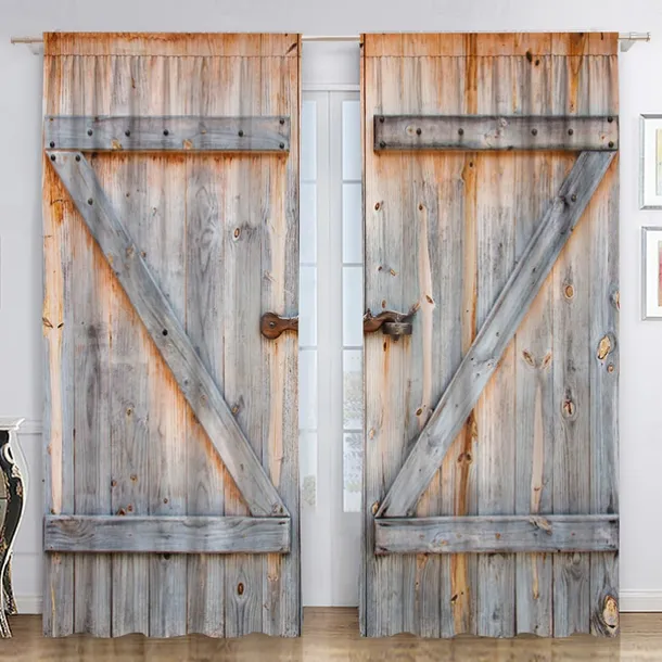 Blackout Curtain Drapes Farmhouse Grommet/Eyelet Barn Wood Door Curtain Panels For Living Room Bedroom Door Kitchen Window Treatments Thermal Insulated Room Darkening