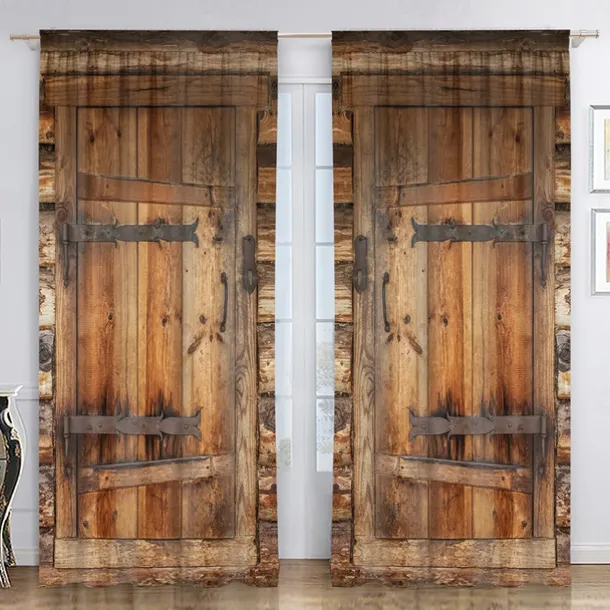 Blackout Curtain Drapes Farmhouse Grommet/Eyelet Barn Wood Door Curtain Panels For Living Room Bedroom Door Kitchen Window Treatments Thermal Insulated Room Darkening