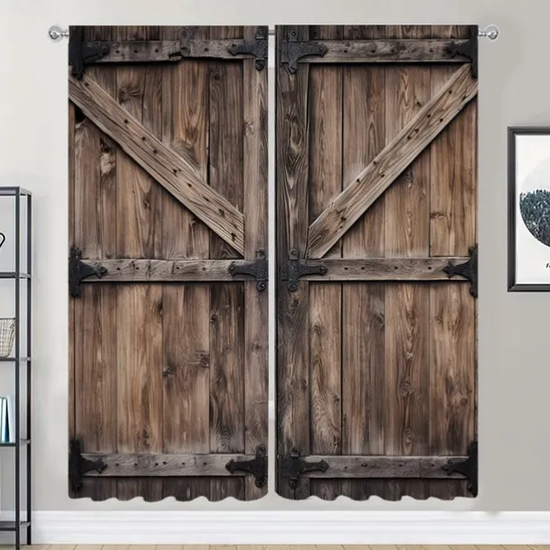 Blackout Curtain Drapes Farmhouse Grommet/Eyelet Barn Wood Door Curtain Panels For Living Room Bedroom Door Kitchen Window Treatments Thermal Insulated Room Darkening