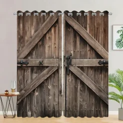 Blackout Curtain Drapes Farmhouse Grommet/Eyelet Barn Wood Door Curtain Panels For Living Room Bedroom Door Kitchen Window Treatments Thermal Insulated Room Darkening
